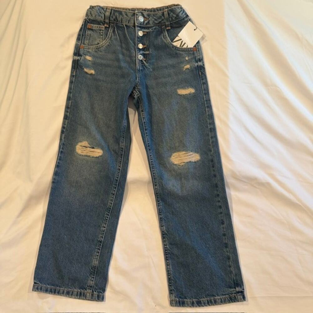NWT Zara Kids Straight Leg Distressed Jeans Size 10 Adjustable Waist